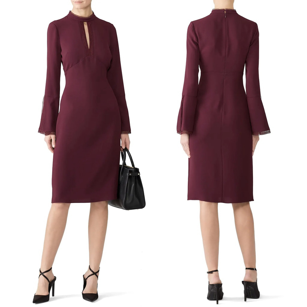 Shoshanna Burgundy Keyhole Bell Sleeve Dress lace Trim $415 - Size 8